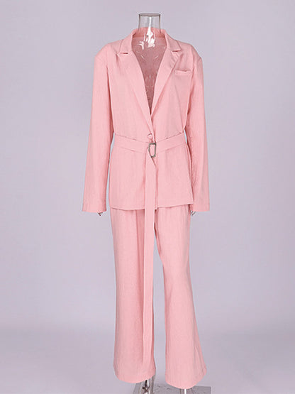 Two Piece Sets Pant Set Pink Chic Sash Cotton Turndown Collar Long Sleeves Top Pant Suits