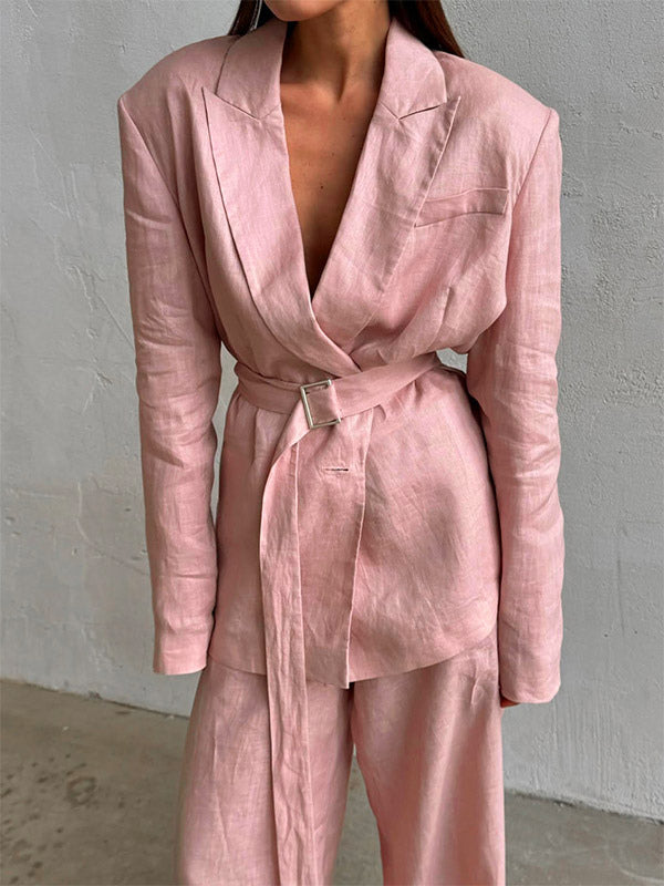 Two Piece Sets Pant Set Pink Chic Sash Cotton Turndown Collar Long Sleeves Top Pant Suits