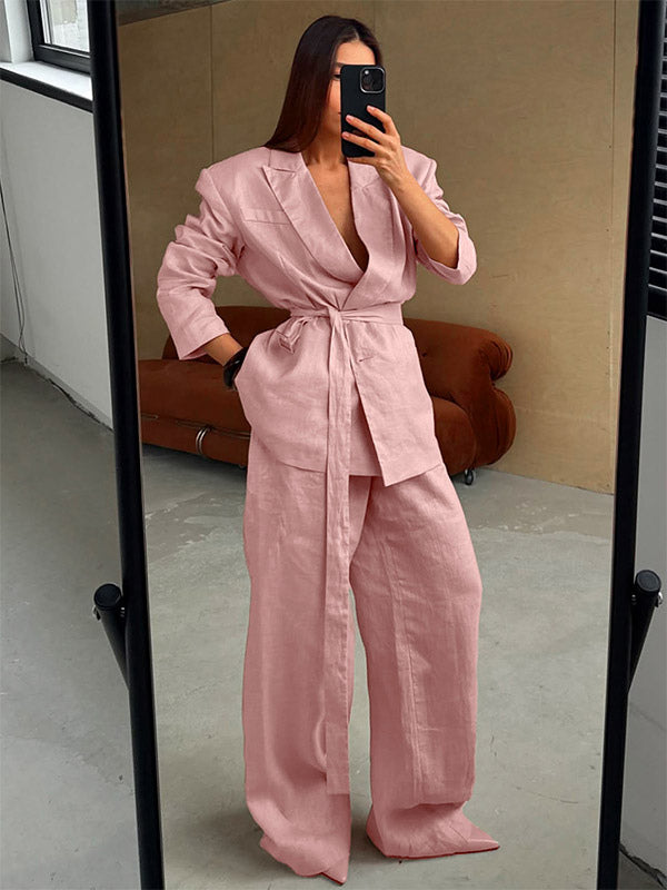 Two Piece Sets Pant Set Pink Chic Sash Cotton Turndown Collar Long Sleeves Top Pant Suits