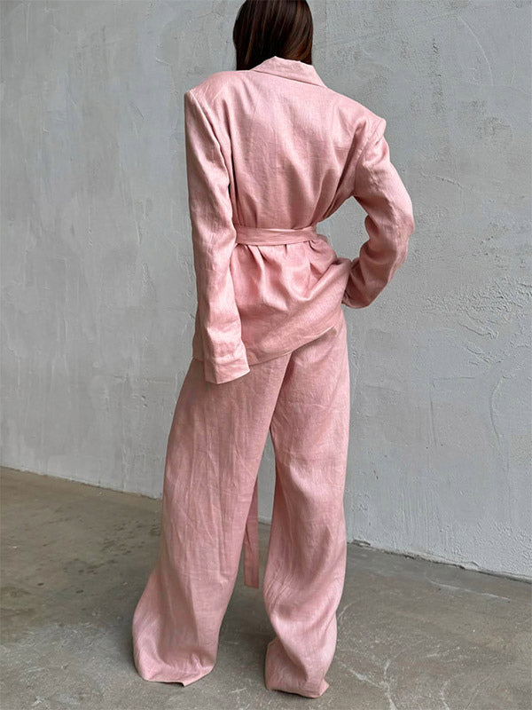 Two Piece Sets Pant Set Pink Chic Sash Cotton Turndown Collar Long Sleeves Top Pant Suits