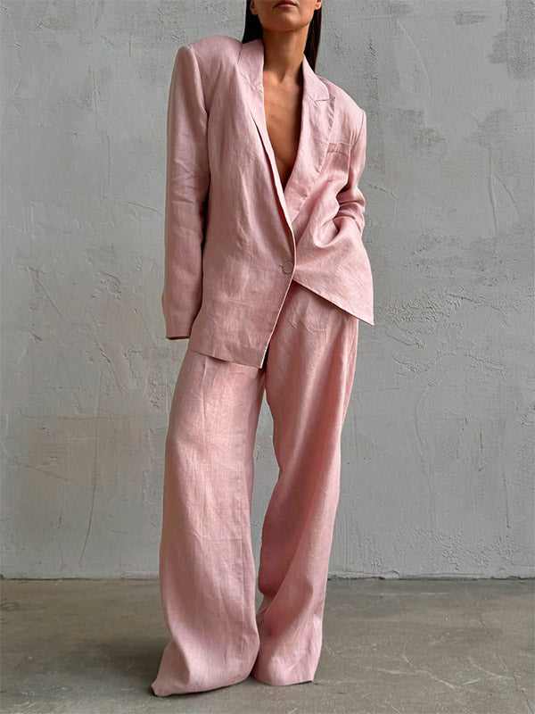 Two Piece Sets Pant Set Pink Chic Sash Cotton Turndown Collar Long Sleeves Top Pant Suits