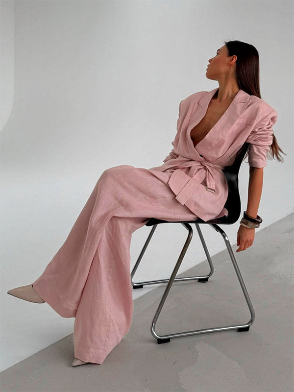 Two Piece Sets Pant Set Pink Chic Sash Cotton Turndown Collar Long Sleeves Top Pant Suits