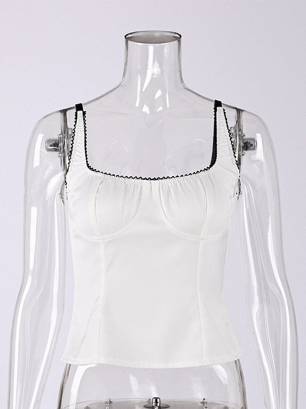 Tanks Black Cami Top Square Neck Pleated Casual Women Summer Camis