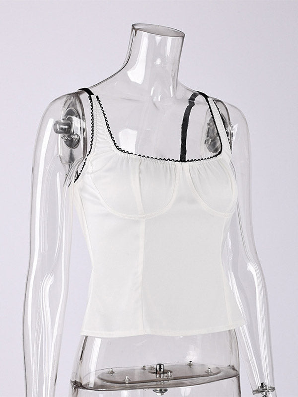 Tanks Black Cami Top Square Neck Pleated Casual Women Summer Camis
