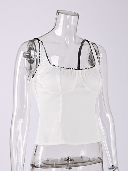 Tanks Black Cami Top Square Neck Pleated Casual Women Summer Camis