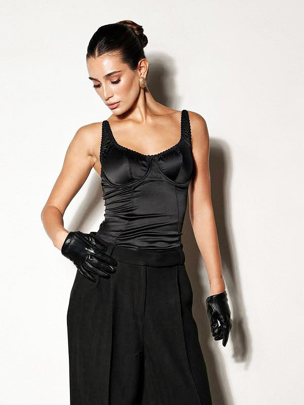 Tanks Black Cami Top Square Neck Pleated Casual Women Summer Camis