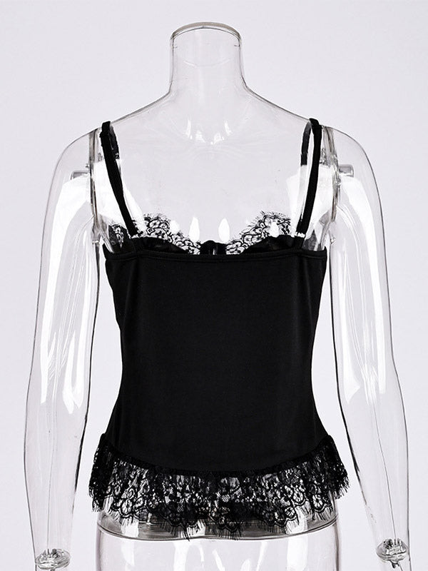 Vest Black Cami Top Straps Neck Lace Casual Backless Women Summer Camis