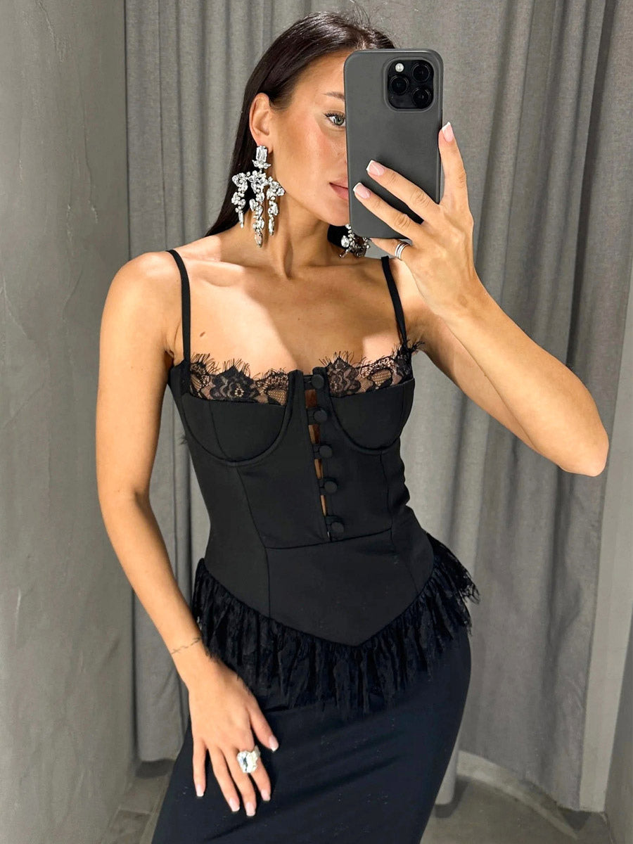 Vest Black Cami Top Straps Neck Lace Casual Backless Women Summer Camis