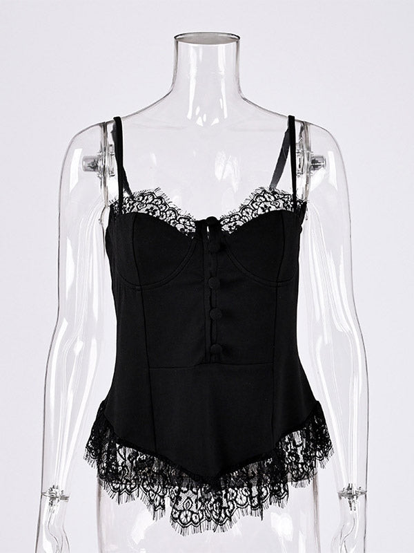 Vest Black Cami Top Straps Neck Lace Casual Backless Women Summer Camis