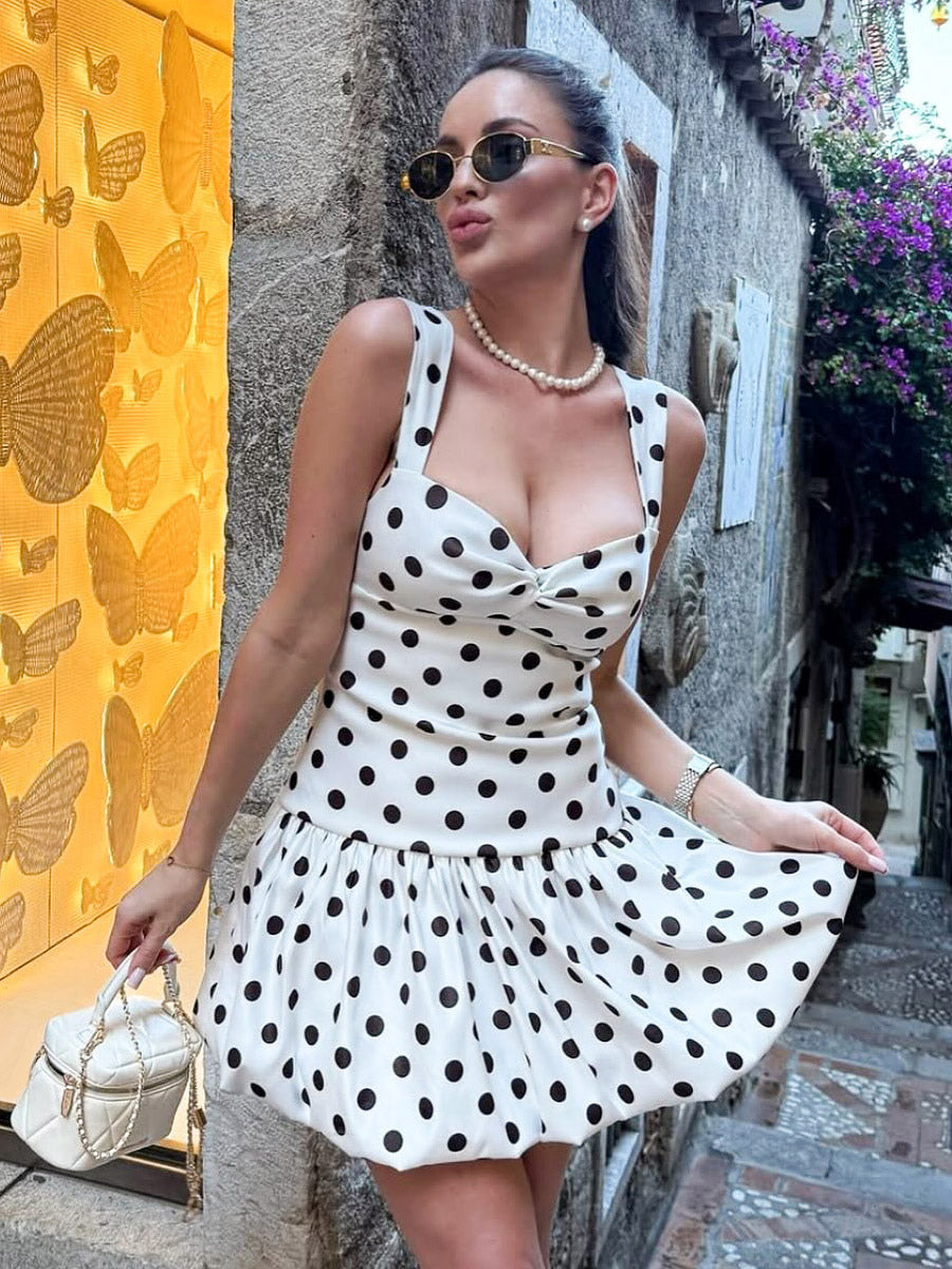 Date Night Dresses Mini Backless Sleeveless Polka Dot Straps Neck Casual White Summer Dress