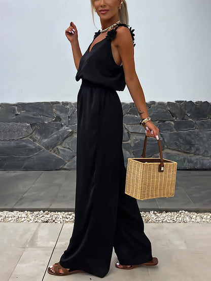 Jumpsuits Olive V-Neck Sleeveless Spaghetti Straps Polyester Straight Summer One Piece Outfit