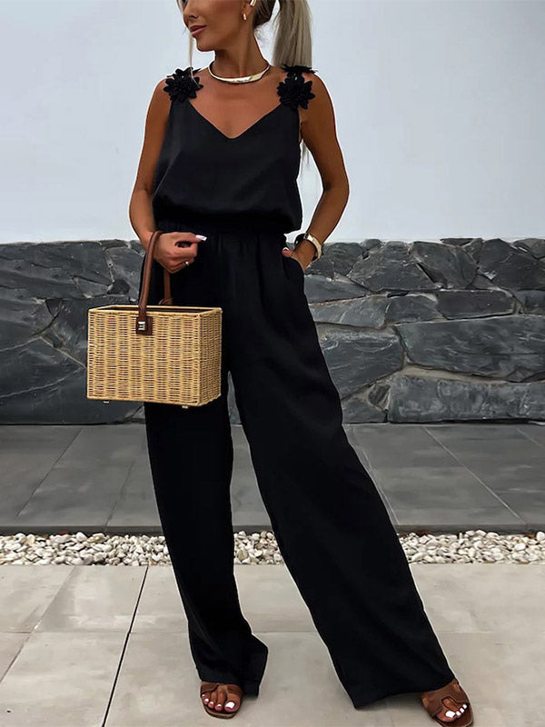 Jumpsuits Olive V-Neck Sleeveless Spaghetti Straps Polyester Straight Summer One Piece Outfit