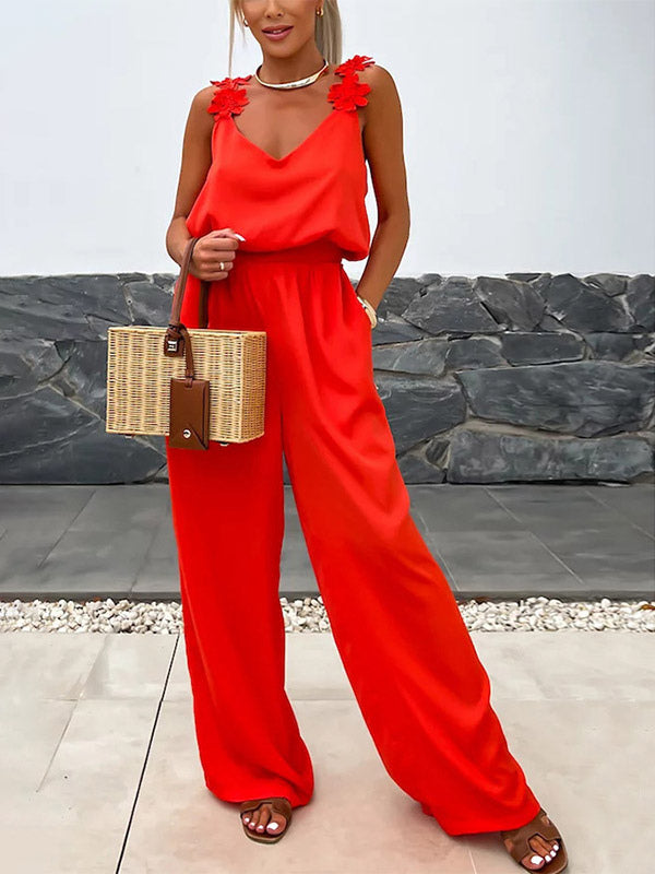 Jumpsuits Olive V-Neck Sleeveless Spaghetti Straps Polyester Straight Summer One Piece Outfit