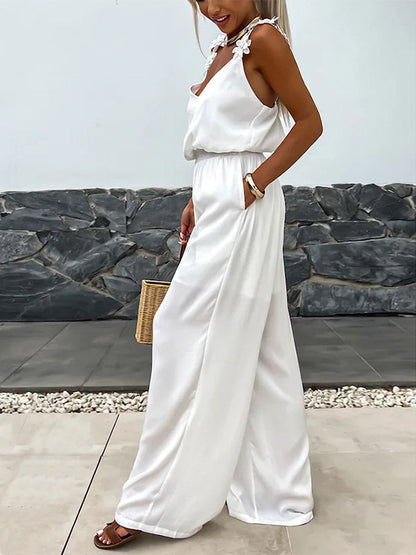 Jumpsuits Olive V-Neck Sleeveless Spaghetti Straps Polyester Straight Summer One Piece Outfit