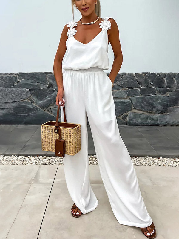 Jumpsuits Olive V-Neck Sleeveless Spaghetti Straps Polyester Straight Summer One Piece Outfit