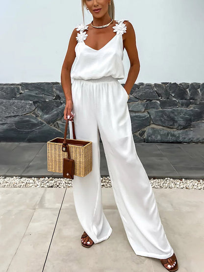 Jumpsuits Olive V-Neck Sleeveless Spaghetti Straps Polyester Straight Summer One Piece Outfit