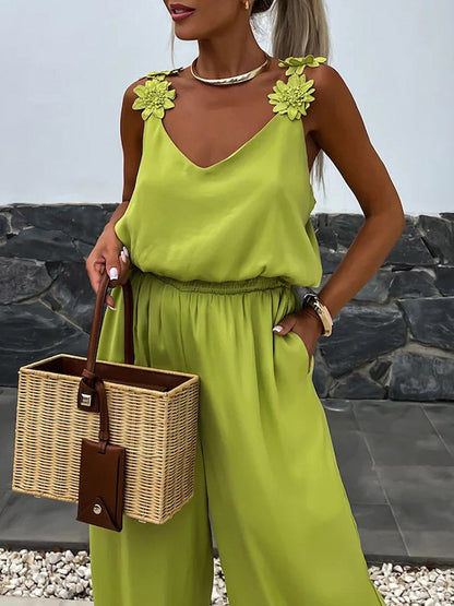 Jumpsuits Olive V-Neck Sleeveless Spaghetti Straps Polyester Straight Summer One Piece Outfit