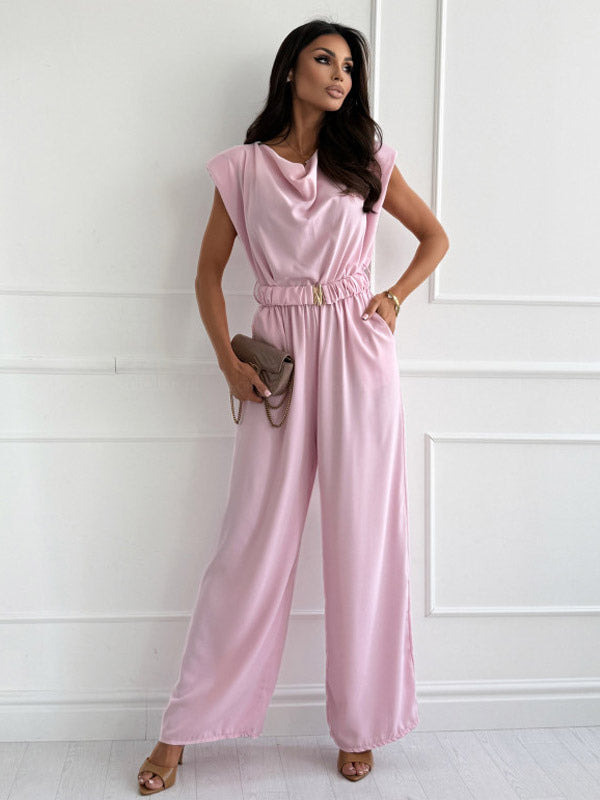 Jumpsuits Light Apricot Cowl Neck Sleeveless Straight Summer One Piece Outfit