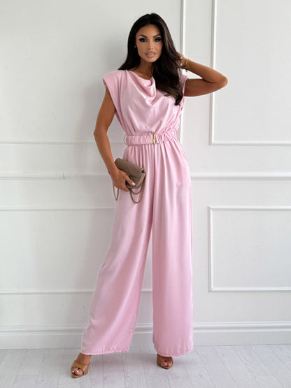 Jumpsuits Light Apricot Cowl Neck Sleeveless Straight Summer One Piece Outfit