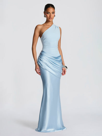 Evening Elegance Asymmetric Satin Maxi Dress In Deep Burgundy Flattering For Every Figure