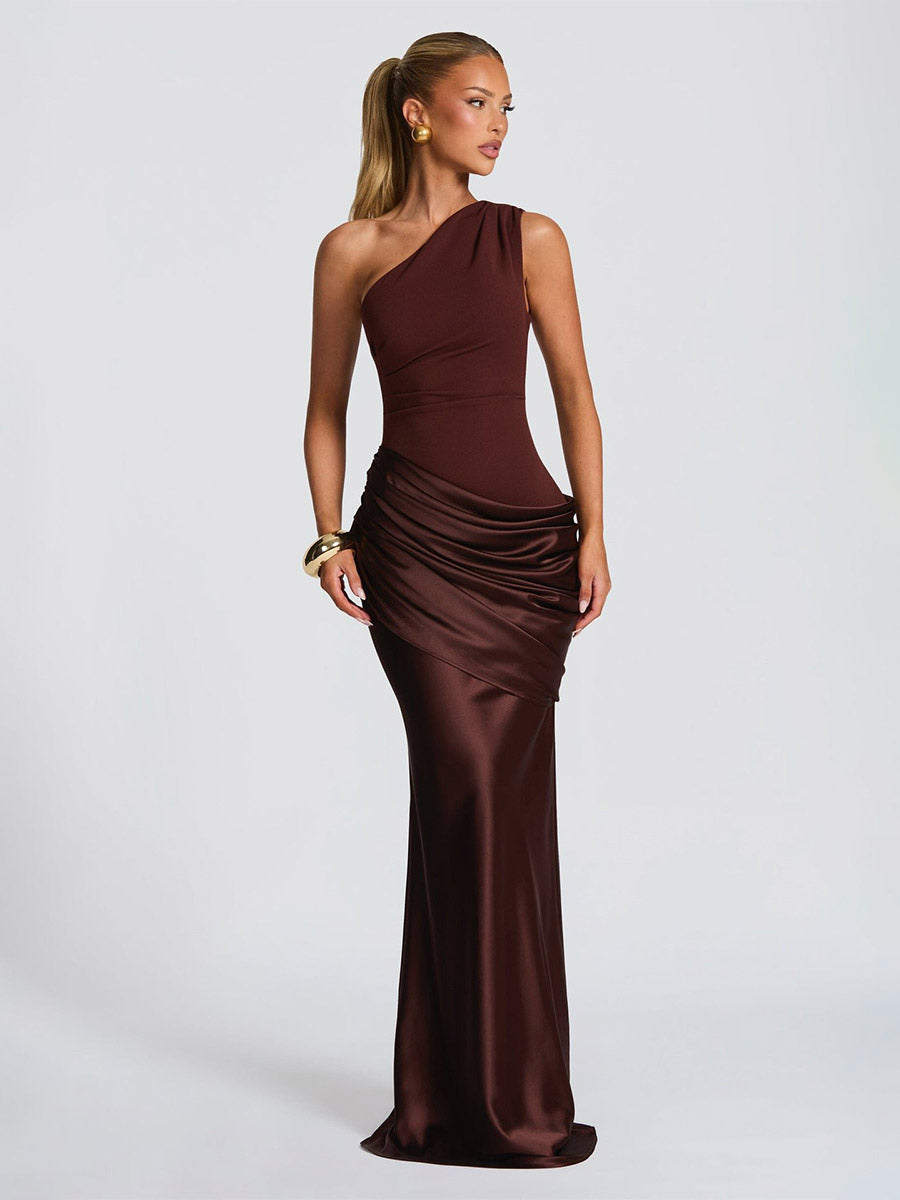 Evening Elegance Asymmetric Satin Maxi Dress In Deep Burgundy Flattering For Every Figure