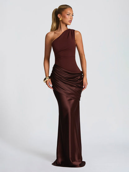 Evening Elegance Asymmetric Satin Maxi Dress In Deep Burgundy Flattering For Every Figure