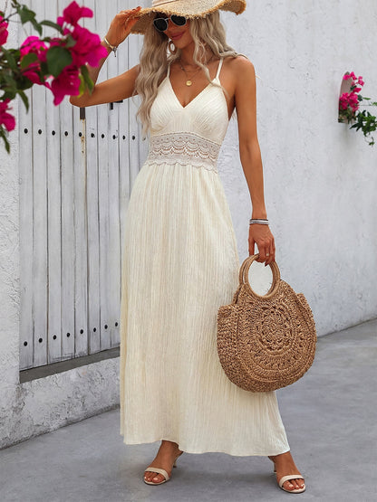 Sexy Vacation Dress Cream Color Maxi Dress With Lace Waist Ideal For Summer Holidays