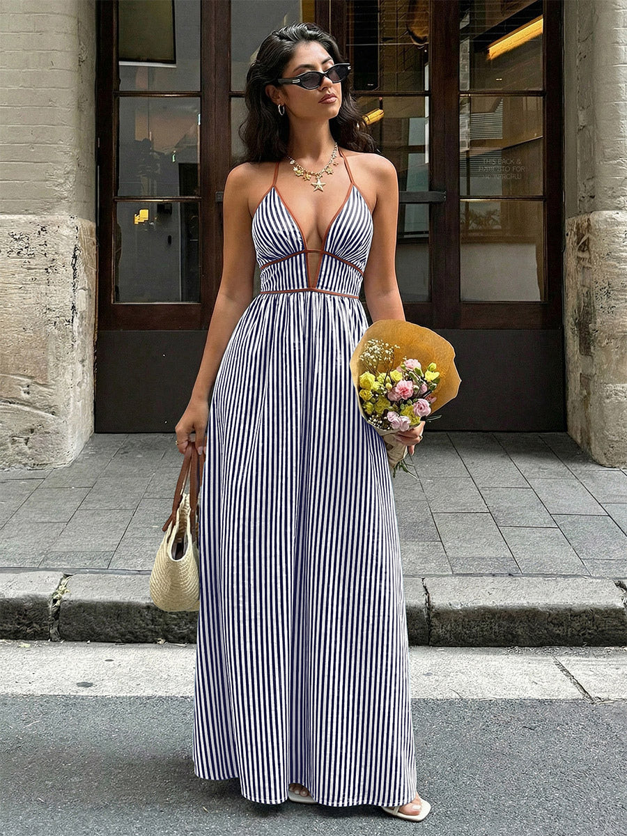 Deep V Halter Striped Maxi Dress Boho Glamour For Street Beach