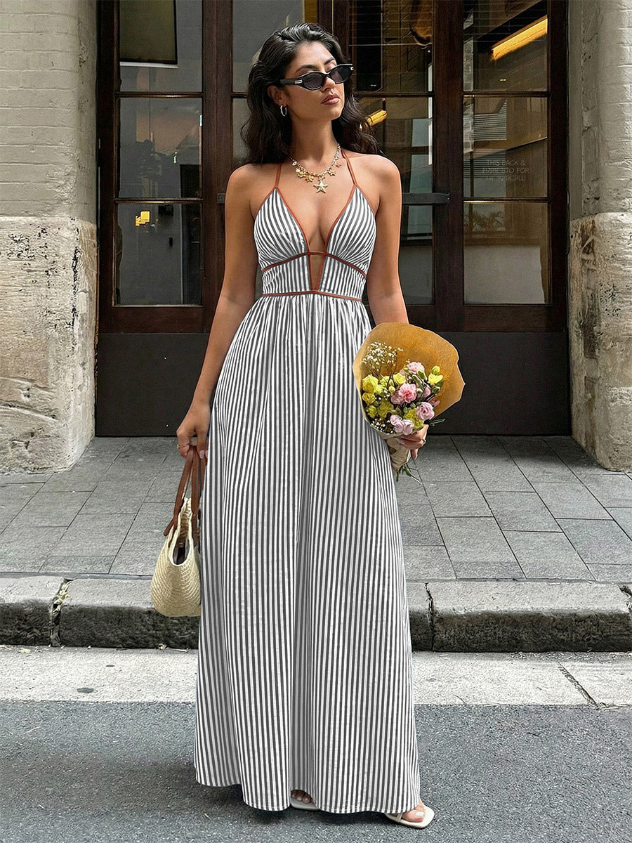 Deep V Halter Striped Maxi Dress Boho Glamour For Street Beach