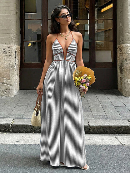 Deep V Halter Striped Maxi Dress Boho Glamour For Street Beach