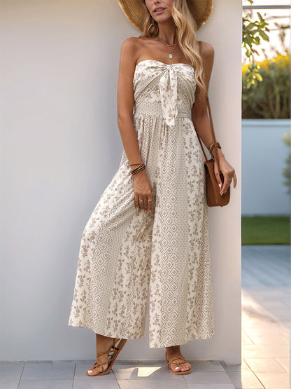 Jumpsuits Printed Strapless Sleeveless Lace Up Strapless Straight Summer One Piece Outfit