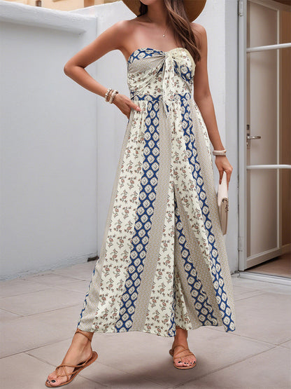 Jumpsuits Printed Strapless Sleeveless Lace Up Strapless Straight Summer One Piece Outfit