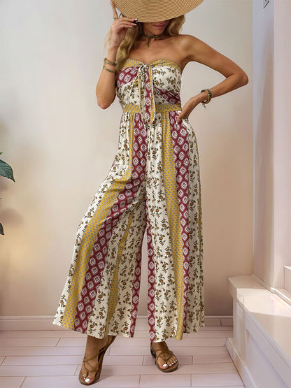 Jumpsuits Printed Strapless Sleeveless Lace Up Strapless Straight Summer One Piece Outfit