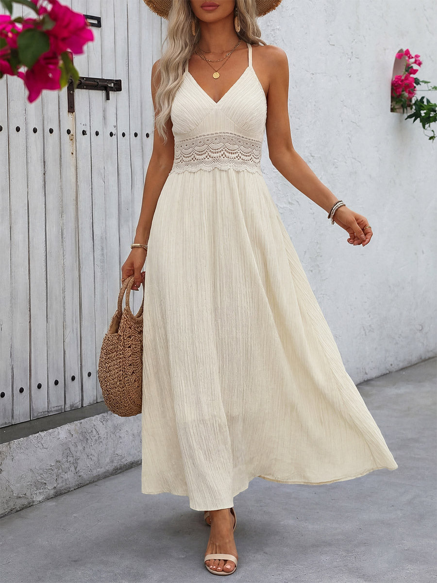 Sexy Vacation Dress Cream Color Maxi Dress With Lace Waist Ideal For Summer Holidays