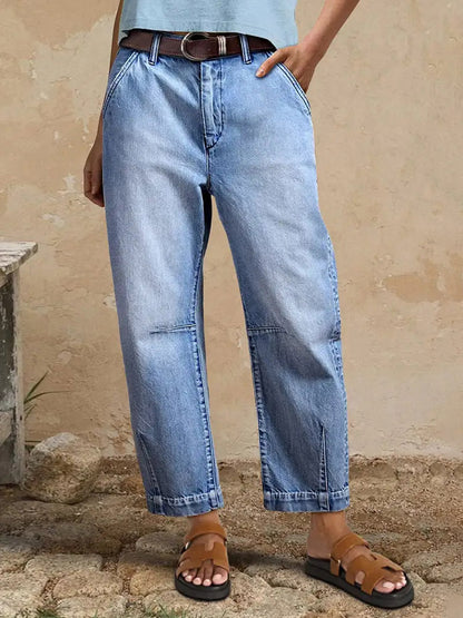 Jeans Light Wash Barrel High Waisted Cropped Denim Pants