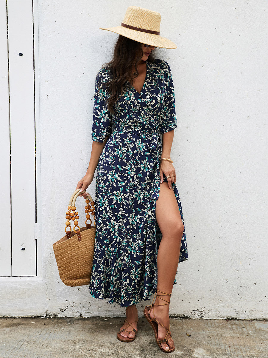 Bohemian Summer Vibes Red Floral Wrap Maxi Dress Lightweight Flirty Great For Beach City Strolls
