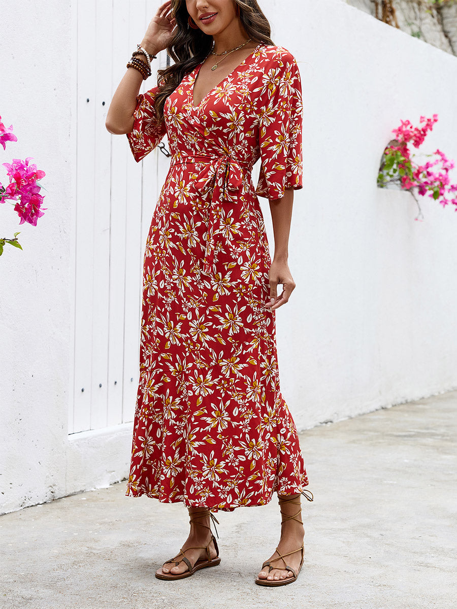 Bohemian Summer Vibes Red Floral Wrap Maxi Dress Lightweight Flirty Great For Beach City Strolls