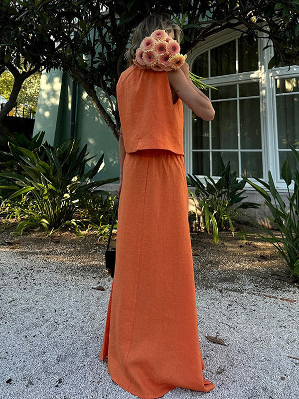Two Piece Sets Skirt Set Orange Retro Buttons Resort Wear Linen V-Neck Sleeveless Sets