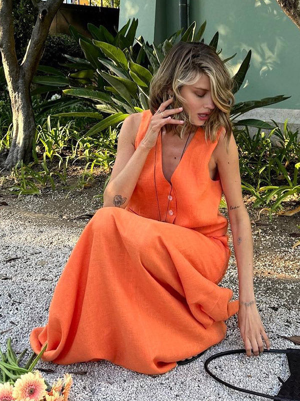 Two Piece Sets Skirt Set Orange Retro Buttons Resort Wear Linen V-Neck Sleeveless Sets