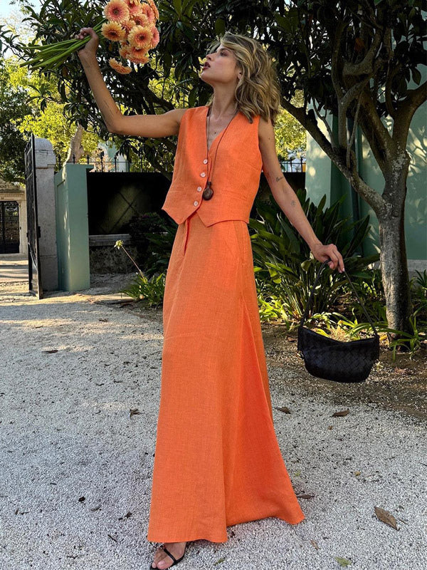Two Piece Sets Skirt Set Orange Retro Buttons Resort Wear Linen V-Neck Sleeveless Sets