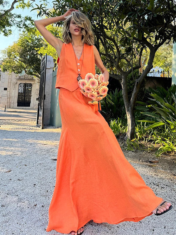 Two Piece Sets Skirt Set Orange Retro Buttons Resort Wear Linen V-Neck Sleeveless Sets