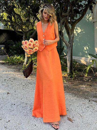 Two Piece Sets Skirt Set Orange Retro Buttons Resort Wear Linen V-Neck Sleeveless Sets