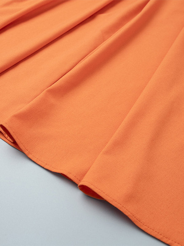 Two Piece Sets Skirt Set Orange Retro Buttons Resort Wear Linen V-Neck Sleeveless Sets