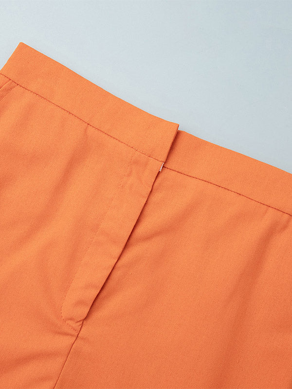 Two Piece Sets Skirt Set Orange Retro Buttons Resort Wear Linen V-Neck Sleeveless Sets