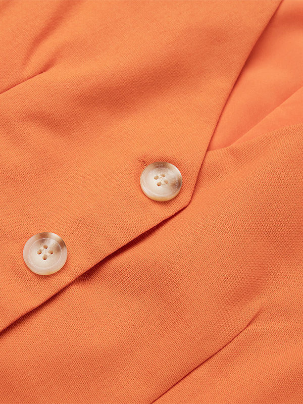 Two Piece Sets Skirt Set Orange Retro Buttons Resort Wear Linen V-Neck Sleeveless Sets