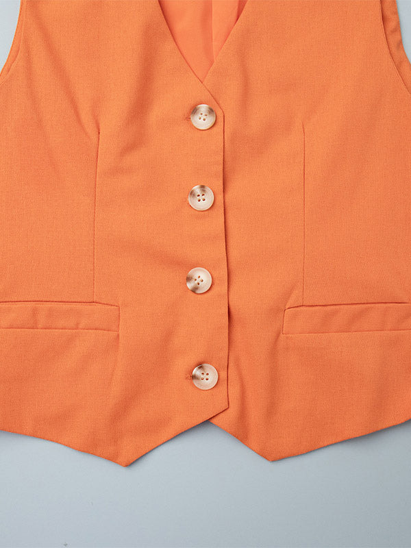 Two Piece Sets Skirt Set Orange Retro Buttons Resort Wear Linen V-Neck Sleeveless Sets