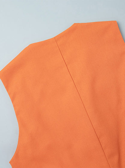 Two Piece Sets Skirt Set Orange Retro Buttons Resort Wear Linen V-Neck Sleeveless Sets