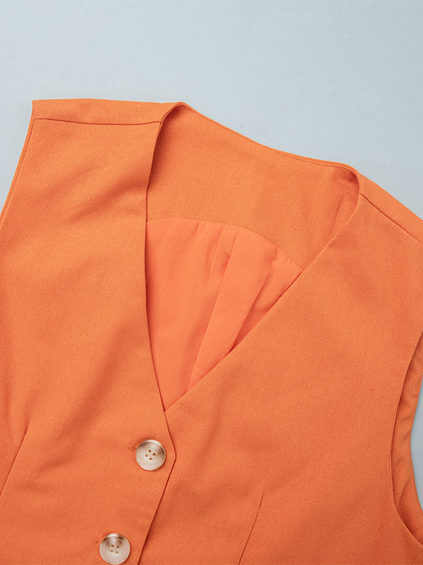 Two Piece Sets Skirt Set Orange Retro Buttons Resort Wear Linen V-Neck Sleeveless Sets