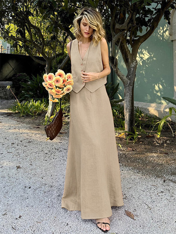 Two Piece Sets Skirt Set Orange Retro Buttons Resort Wear Linen V-Neck Sleeveless Sets