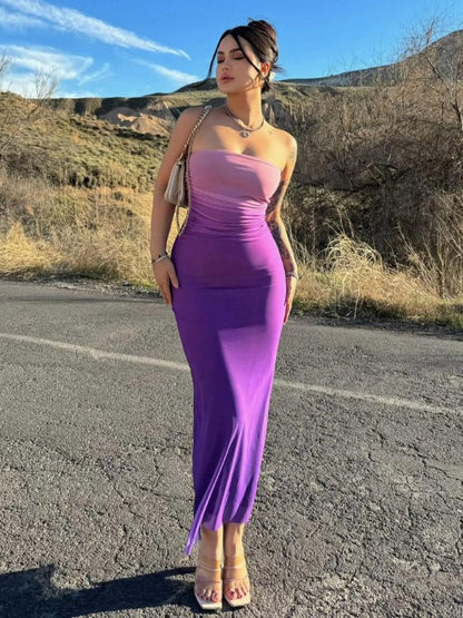 Party Ready Purple Ombre Strapless Maxi Dress Slimming Stylish For Clubbing